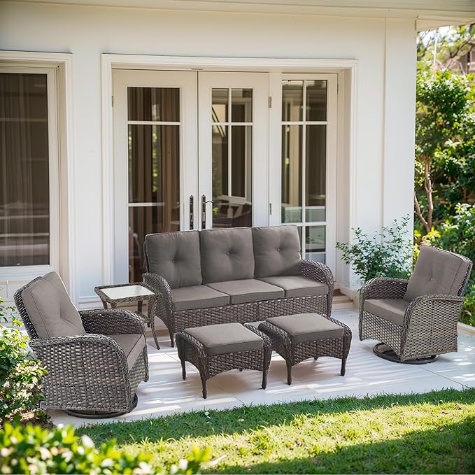 6 Piece Patio Furniture Set - Wicker Patio Conversation Set with Swivel Glider, 3-Seater Sofa, Tempered Glass Side Table and 2 Ottomans for Deck Backyard - Brown Wicker Grey Cushion