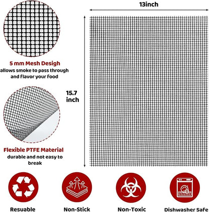 Grill Mesh Mat Set of 6, Non Stick BBQ Grill mats, Heavy Duty Grilling mats Barbecue Grill Accessories, Reusable and Easy to Clean, Works on Gas, Charcoal, Pellet Grill and More, 15.75 x 13inch, Black