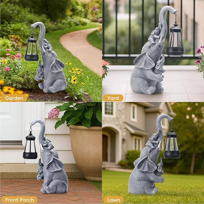 Solar Elephant Garden Lantern Statue Decor - Blessing Guardian, Auto On/Off Weatherproof Resin for Patio, Safari Theme & Good Luck