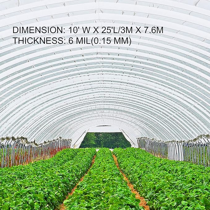 VEVOR Greenhouse Plastic Sheeting 10 x 25 ft, 6 Mil Thickness UV Resistant Clear Polyethylene Film, Hoop Green House Cover for Farms, Agriculture, Garden