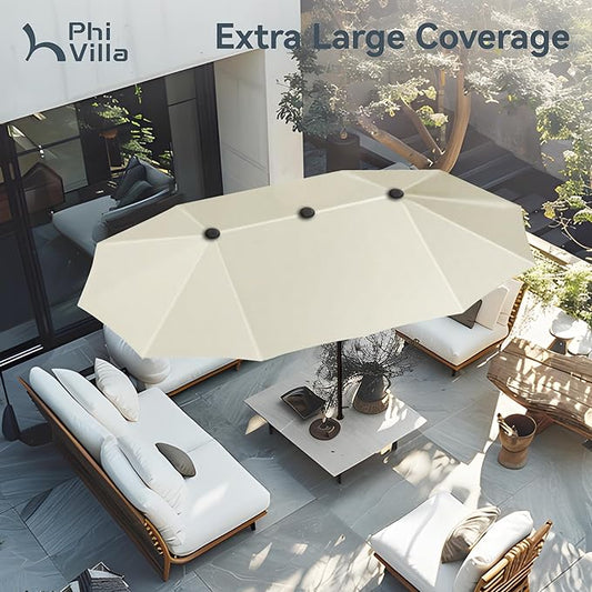 PHI VILLA 13ft Large Patio Umbrellas, Double-Sided Outdoor Market Rectangle Umbrella for Outside, Ivory