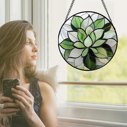 Stained Glass Window Hanging - Green Succulent Plants Suncatcher for Doors Garden Patio Floral Sun Catchers Decor Christmas Mother's Day Birthday Gifts for Women Men Mom Nana Friend 9.8 in