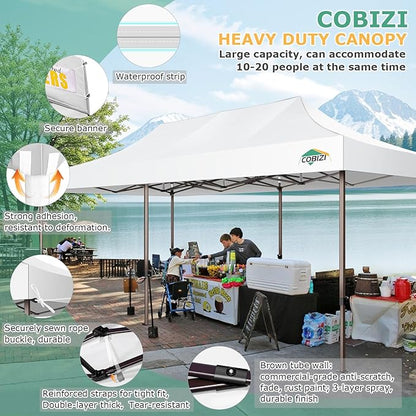 COBIZI 10x20 Pop Up Heavy Duty Canopy with 6 Sidewalls and Hexagonal Legs, Easy up Tent for Parties, Commercial and Wedding, Outdoor Canopy with Roller Bag, Sand Bags, Waterproof & UPF50+ (White)