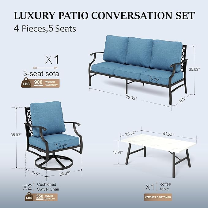 HERA'S HOUSE 4 Piece Patio Furniture Set, 2 x Swivel Cushioned Chair, 3-Seat Sofa with Marbling Coffee Table, All Weather Outdoor Conversation Set for Lawn Garden Backyard, Navy Blue