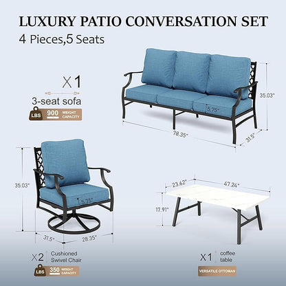 HERA'S HOUSE 4 Piece Patio Furniture Set, 2 x Swivel Cushioned Chair, 3-Seat Sofa with Marbling Coffee Table, All Weather Outdoor Conversation Set for Lawn Garden Backyard, Navy Blue