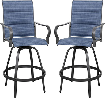 Vongrasig 2 Piece Outdoor Patio Swivel Bar Chairs, All Weather Padded Sling Textile High Top Bar Stools, Bistro Set for Backyard, Lawn Garden, Balcony, Padded Blue
