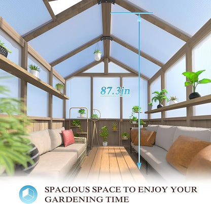 8x16 FT Greenhouse for Outdoor, 6MM Thick Polycarbonate Panel Wooden Walk-in Green House with Adjustable Roof Vents and Lockable Door, Backyard Garden, Light Mocha Brown