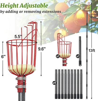 Fruit Picker, Fruit Picker Pole with Basket Extendable Long Handle, Easy to Assemble & Use Fruits Picker Tool for Orange Lemon Apple Mango Avocado (13FT)