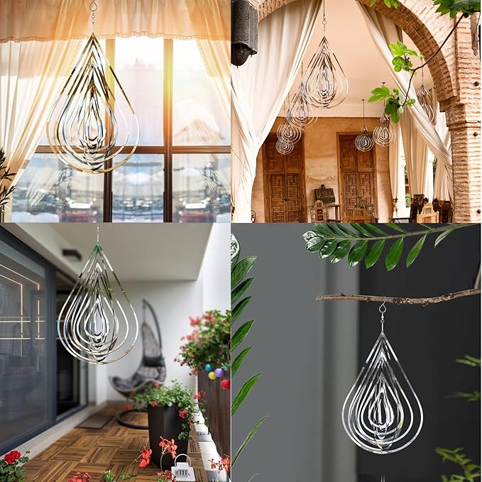 Wind Spinner Outdoor Metal Decorations, Silver Wind Spinners for Yard and Garden,3D Mirror Stainless Steel Hanging Wind Sculptur Chime Indoor Outdoor Garden Decoration Worth Gift (Drop)