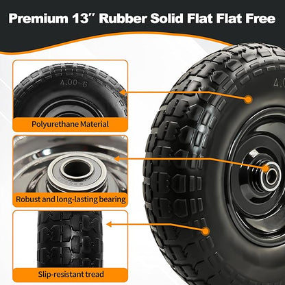 2PC 4.00-6 Flat-Free Tires and Wheels,13" Rubber Solid Tire, with 5/8" & 3/4" Bearing, 1.8"-5.8" Centered Hub Length, 4.00-6 tire and wheel Fit for Gorilla Cart, Garden Cart/Hand Truck/Wheelbarrowetc.