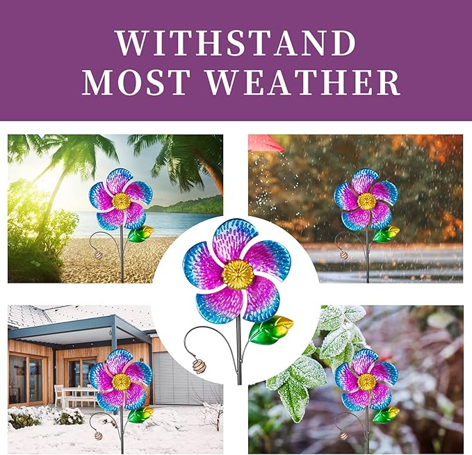 Viveta 2 Pack Wind Spinners with Metal Stake, 28.7 inches Outdoor Garden Pinwheels Spinners Purple Flower Shape Design for Yard Lawn Patio Decor