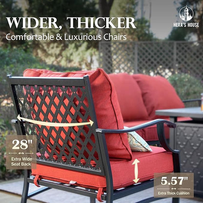 HERA'S HOUSE 6 Piece Patio Furniture Set, 2 x Rocking Cushioned Chair, 2 x Cushioned Ottoman, 1 x 3-Seat Sofa with Marbling Coffee Table, Outdoor Conversation Set for Lawn Garden Backyard, Red