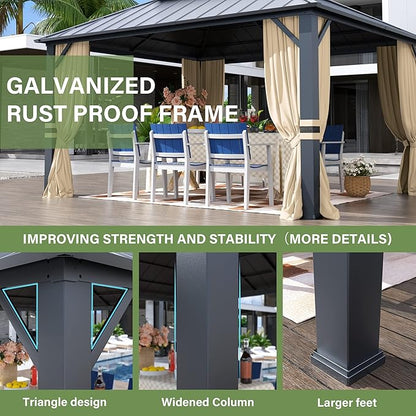 12' x 14' Hardtop Gazebo,Outdoor Galvanized Steel Metal Double Roof Gazebo with Curtains and Netting for Patios, Gardens, Lawns,Khaki