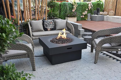 AMS Fireplace | Modeno Branford Package | Black Natural Gas Fire Pit Table for Outside Patio Bundle with Wind Guard, SS Burner Lid | Free Ice Bucket & Rubber Mat