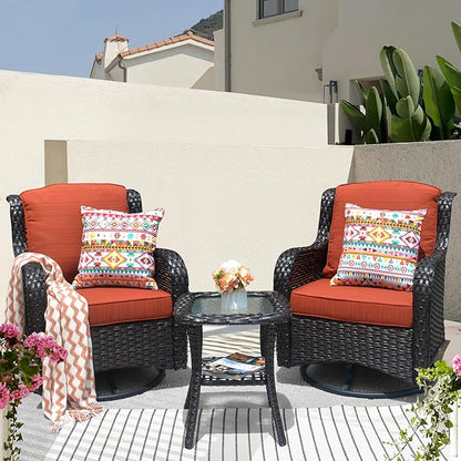 HOOOWOOO Patio Furniture Set,3 Piece Outdoor Furniture with Swivel Chairs,Wicker Patio Bistro Chairs Set,Orange Red