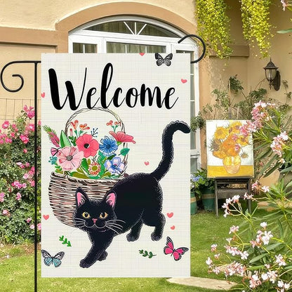 Welcome Cat Garden Flag 12x18 Inch Cute Black Cat Colorful Floral Butterfly Basket Double-Sided Yard Decoration for Outdoor Garden Patio Yard Spring Summer Décor