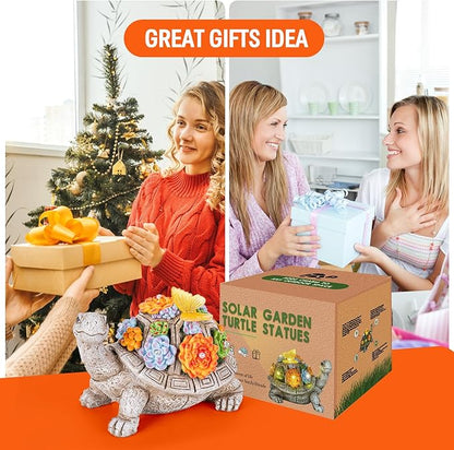 Solar Garden Outdoor Statues with Succulent and 7 LED Lights - Lawn Decor Tortoise Statue for Patio, Balcony, Yard Ornament - Unique Housewarming Gifts (Gray Turtle)