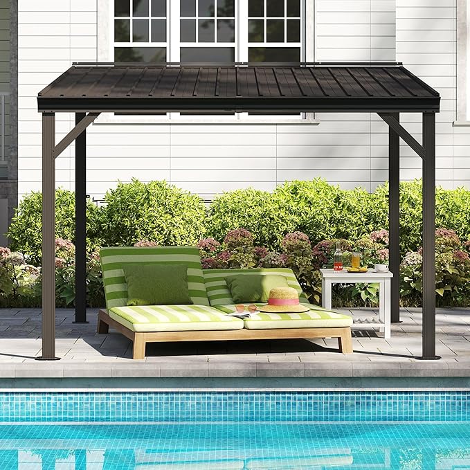 8x8FT Lean to Gazebo, Outdoor Hardtop Wall Mounted Gazebo with Gutter & Sloping Galvanized Steel Roof, Metal Hard Top Awnings for Deck, Porch, Backyard- Brown