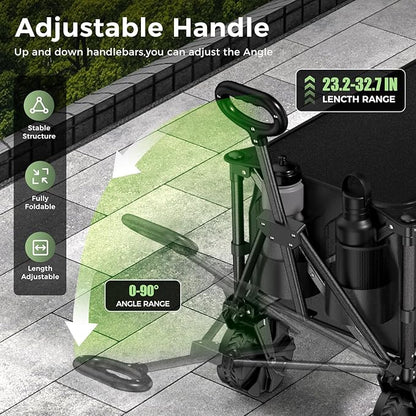 Collapsible Foldable Wagon Cart Heavy Duty,Beach Wagon with Big Wheels,Utility Grocery Wagons Carts with Side Pocket for Outdoor Garden,Camping,Shopping and Sports, Y-Black