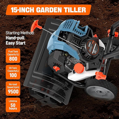 SENIX 4QL 4-Cycle Gas Powered Tiller Cultivator, 46cc Full Crank Engine, 15-Inch Tilling Width, 8-Inch Tilling Depth, Easy Start, Foldable Handles for Compact Storage (TL4QL-L1)