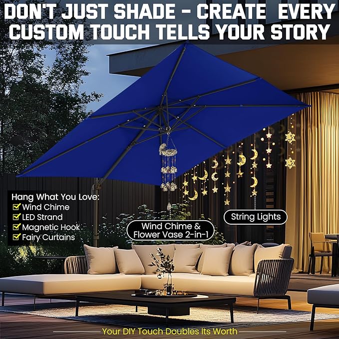 Hotime 10ft Patio Cantilever Umbrella Deck Offset Double Roof Umbrellas,sombrillas de patio Large Rectangular tilt umbrella with 360°Rotation&Heavy-Duty Aluminum Frame,for Poolside Garden,Dark Blue