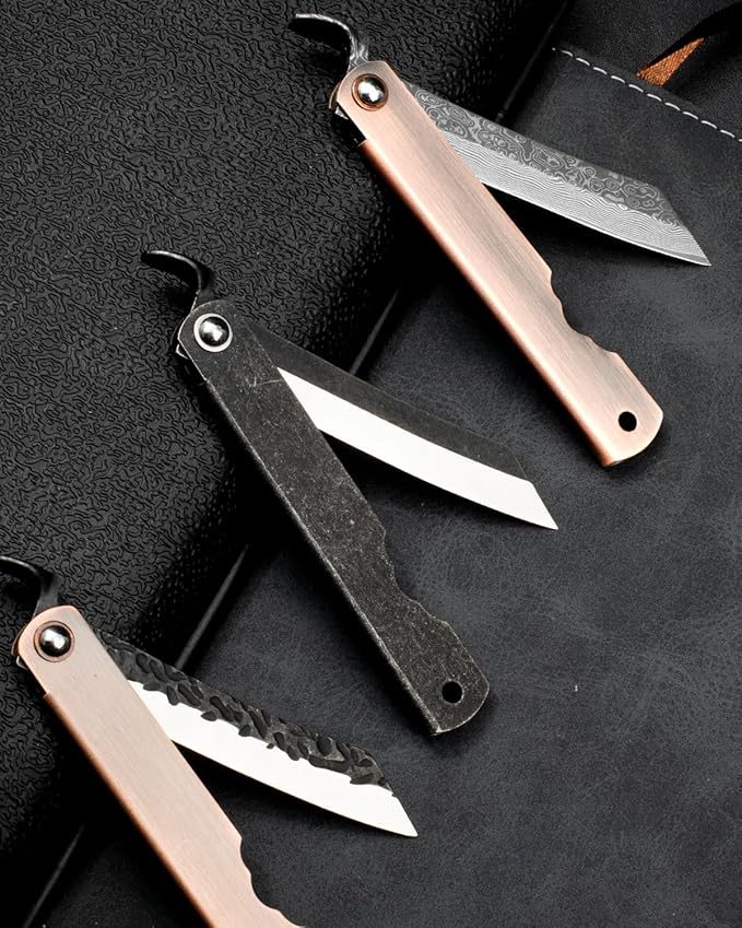EDC Folding Knife, 2.8" Full Panel Plain Edge Blade, Non-Locking Pocket Knife Features Cloud Pattern Damascus Steel Blade & Red Bronze Electroplated Handle, Includes Black PU Sheath