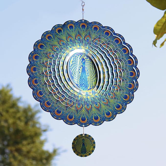 Peacock Wind Spinner Outdoor 3D Stainless Steel Garden Hanging Decorations Outdoor, 12 inch Metal Wind Spinners Clearance, Wind Kinetic Sculpture Yard Art Decor Gift for Women Men
