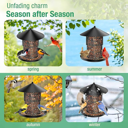Bird Feeder for Outdoor Hanging, No Mess No Spill - Birdfeeder for Outdoor, Squirrel Proof Bird Feeder w/Catch Tray - Large Capacity All-Metal for Outside Hanging