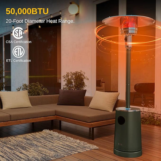 EAST OAK 50,000 BTU Patio Heater with Sand Box, Table Design, Double-Layer Stainless Steel Burner, Wheels, Triple Protection System, Outdoor Heater for Home and Residential, Rain Forest