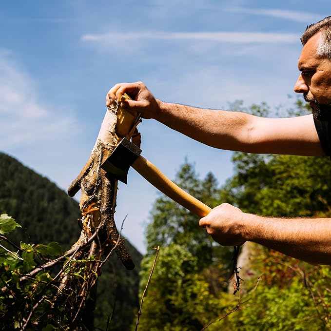 Prandi Axes Yankee C45 Forged Carbon Steel Hatchet - Hickory Handle with Leather String - Ideal for Camping, Travel and Bushcraft - S/N 3.043.06.TH - 15" L x 5.3" 1W, 600g Polished Head, No Sheath