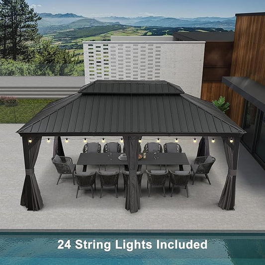 PURPLE LEAF 12' X 18' Aluminum Gazebo with Galvanized Steel Double Roof for Patio Lawn and Garden Gazebo with Light, Grey