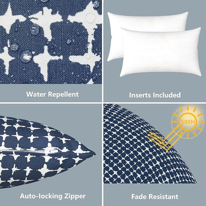 LVTXIII Outdoor/Indoor Lumbar Pillows, Decorative Patio Lumbar Cushions, Fluffy Water Repellent Garden Cushions for Home Patio Coach Sofa Use, 12×20 Inch, Pack of 2, Tie-dye Navy