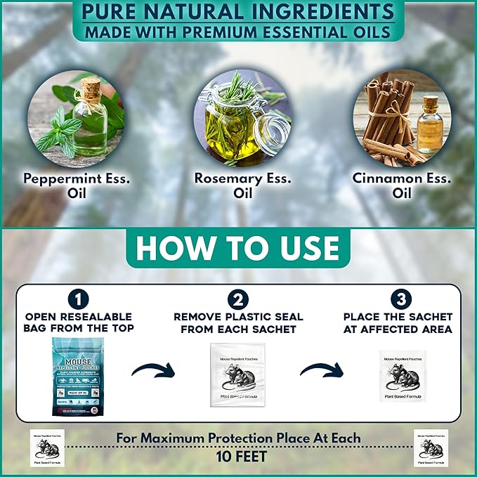 Extra Strong 10Pack Natural Mouse Repellent Pouches Botanical Mice Repellent Pouches Rodent-Repelling Pouches for Indoor and Outdoor Pest Control Pouches for Home Attic Office Shed Barn Storage/RV