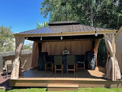 Domi 12'x14' Hardtop Gazebo with Gutters, Outdoor Aluminum Frame Canopy with Galvanized Steel Double Roof, Outdoor Permanent Metal Pavilion with Curtains and Netting for Patio, Backyard and Lawn