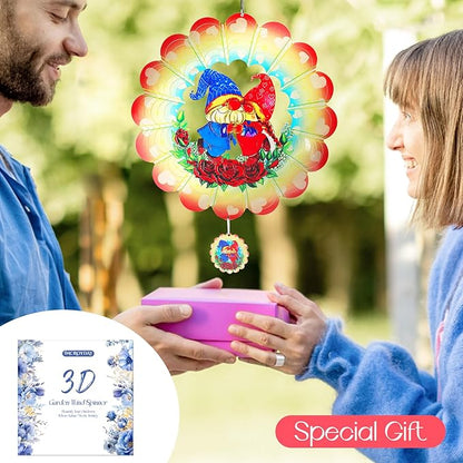 Gnome Wind Spinners Garden Yard Decor Gift for Women Men, 12 Inch Outdoor Metal 3D Wind Spinner, Stainless Steel Hanging Wind Catchers Kinetic Sculpture for Outside Decoration