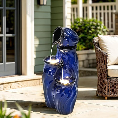 29" Tall Ceramic Water Fountain Outdoor with LED Lights, 4-Tier Cascading Waterfall Garden Fountain, Ideal for Serene Relaxing Patio, Yard or Porch, Cobalt Blue Glaze, Dynamic Wave-Texture