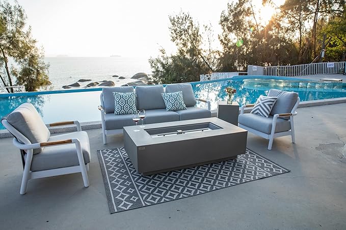 AMS Creations | Madison 60" Rectangular Natural Gas Outdoor Fire Pit Table | Light Gray Concrete GFRC | Smooth Texture or Surface | Electronic Ignition | Outside Backyard Fireplace