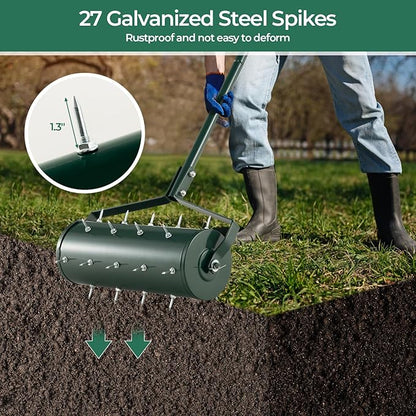 S AFSTAR 18" Manual Lawn Aerator, Heavy Duty Rolling Aerator Lawn Tool Filled Sand Stone with 51" Detachable Handle & Tine Spikes for Soil Loosening, Push Grass Aeration for Garden Yard