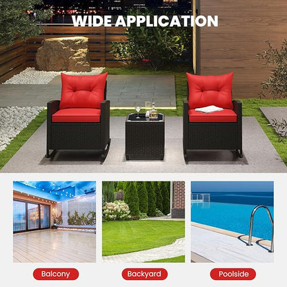 ORALNER 3 Pieces Wicker Rocker Set Patio Furniture Set, Outdoor Rocking Chairs with Soft Cushions, Glass Coffee Table, Rattan Conversation Bistro Set for Front Porch Balcony Garden Deck Poolside (Red)