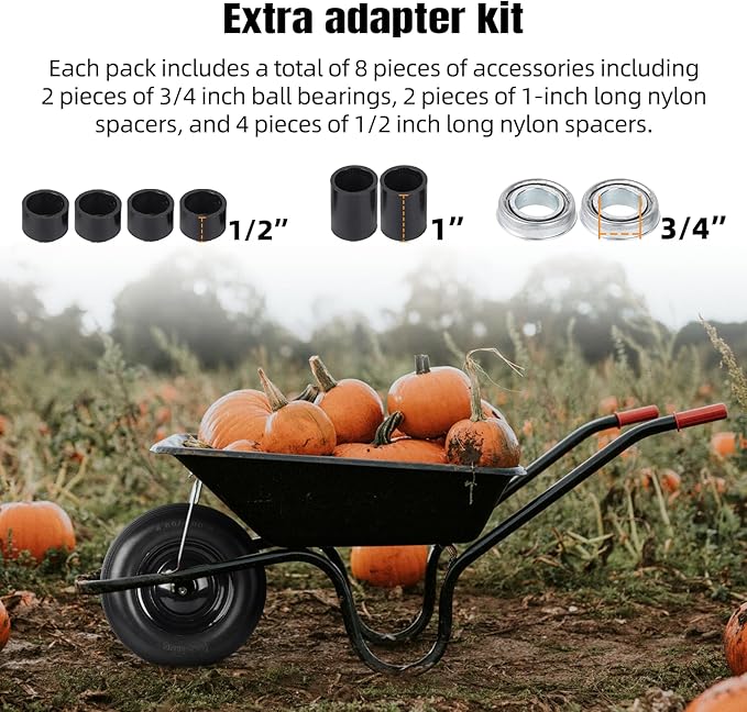 (2-PACK) 4.80/4.00-8" Tire and Wheel - Universal Fit 16" Flat Free Solid Wheelbarrow Tires with 3" Hub and 5/8" Bearings – Extra Adapter kit includes 3/4" Ball Bearings, 1" and 1/2" Nylon Spacers