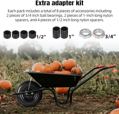 (2-PACK) 4.80/4.00-8" Tire and Wheel - Universal Fit 16" Flat Free Solid Wheelbarrow Tires with 3" Hub and 5/8" Bearings – Extra Adapter kit includes 3/4" Ball Bearings, 1" and 1/2" Nylon Spacers