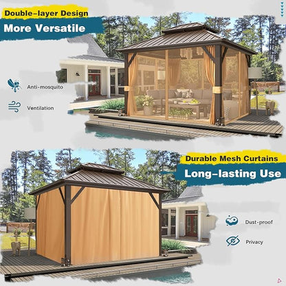 MELLCOM 10'x12' Hardtop Gazebo, Metal Double Roof Aluminum Gazebos with Curtain and Netting,Brown Permanent Galvanized Steel Pavilion for Patio, Lawn & Deck