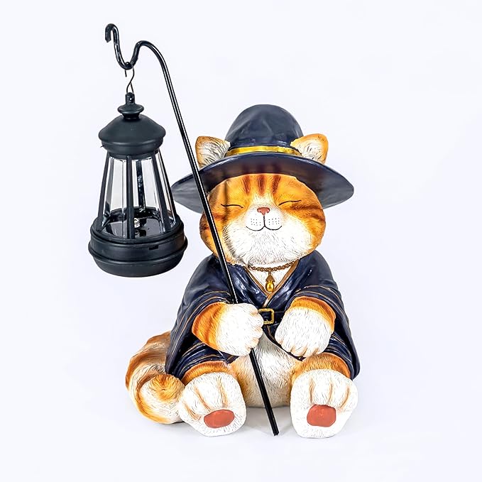 Decorative Solar Wizard Cat Lantern Garden Statue, Outdoor Figurine Light with Black Metal Lamp Post for Garden Decoration Outdoor Decor