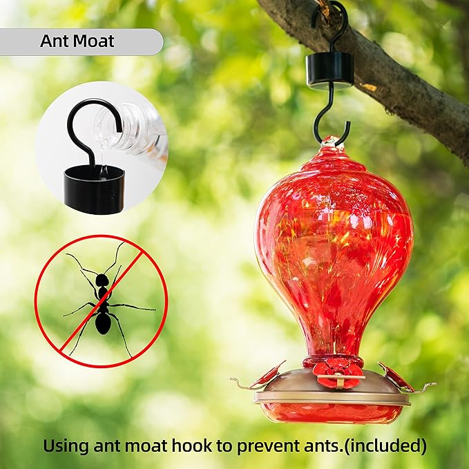 Hummingbird Feeders 32OZ Glass Hummingbird Feeder, 4 Perch Ant Moat Leakproof, Garden Decor (Red Lily)