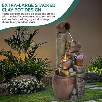 40" H Overszied Outdoor/Indoor Water Fountain with LED Lights and Pump, Cascading Pitchers Farmhouse Garden Fountain Waterfall for Patio, Porch, or Yard