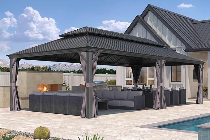 PURPLE LEAF 12' X 26' Hardtop Gazebo Aluminum Gazebo with Galvanized Steel Double Roof for Patio Lawn and Garden, Curtains and Netting Included Grey