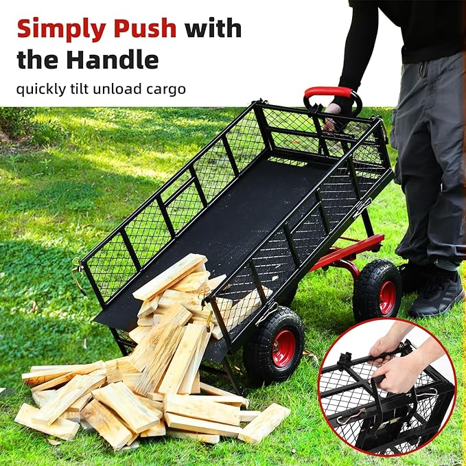 880 Lbs Heavy Duty Utility Garden Carts and Wagons with 180° Rotating Handle and Removable Sides, Steel Yard Dump Wagon Carts with 10" All Terrain Tires