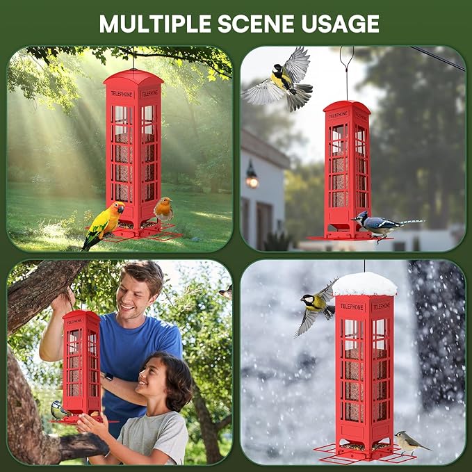 Squirrel Proof Bird Feeder Outdoor Hanging,Weight Activated Metal Mesh Red Bird Feeders 3LB Capacity,Outside Squirrel-Proof Heavy Duty Wild Birdfeeder for Finch Cardinal Bule Jay Chickadee