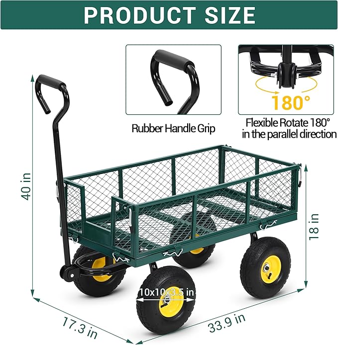Heavy Duty Garden Cart On Wheels - 550LBS Metal Wagon with 10" Pneumatic Wheels, 180° Rotating Handle & Removable Sides - All-Terrain Yard Wagon for Farm, Beach & Outdoor Use