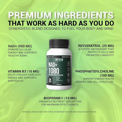 NAD+ Supplement w/ Resveratrol, B12, Phosphatidylcholine & Bioperine – 900mg NAD+ Capsule, 60 Vegan, Non-GMO, Gluten-Free Capsules – Cellular Energy, Bioavailability, Liposomal NAD+ & NMN Alternative